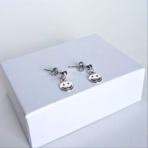 Handmade Silver Smile Face Dangle Stud Earrings